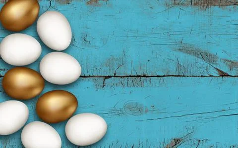 Gold and white easter eggs on blue brushed wooden background. Colorful golden Stock Photos