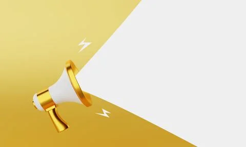 Gold and white megaphone announcing white empty blank space message balloon.. Ilustración de archivo