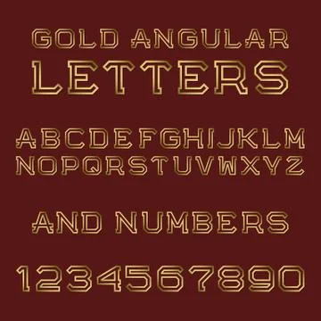 Gold angular letters and numbers. Fashion retro font. Isolated latin alphabet Stock Illustration