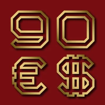 Gold angular nine, zero numbers, euro and dollar sign with shadow. Stock Illustration