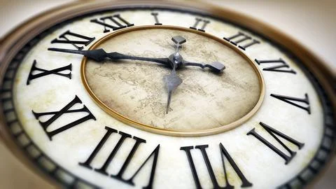 Gold antique clock background with minute and hour hands. 3D illustration Stock Illustration