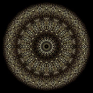 Gold arabesque 3d mandala pattern. Ornamental background. Black vector backdr 스톡 일러스트