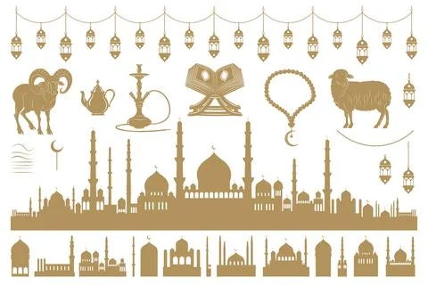 Gold Arabic elements for Islamic holidays Ramadan, Eid Al-Adha, Eid Mubarak Stockillustratie