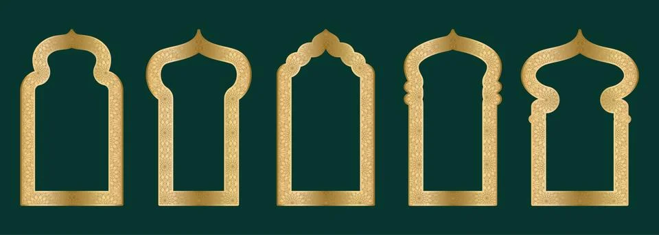 Gold arch frame shape Islamic door or window with geometric girikh pattern Stock Illustration