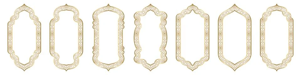 Gold arch frame shape Islamic door or window with geometric girikh pattern Stock Illustration
