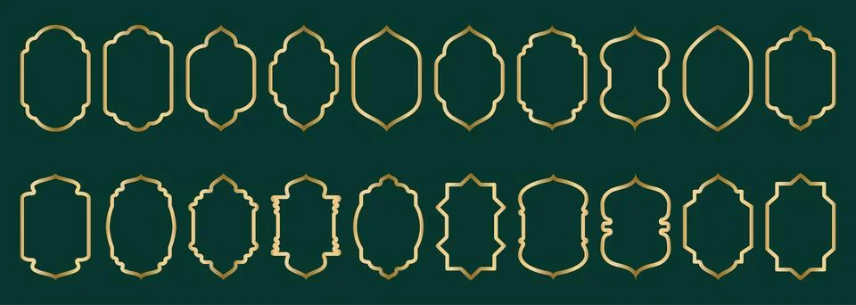 Gold arch frame shape Islamic door or window, geometric pattern, silhouette Stock Illustration