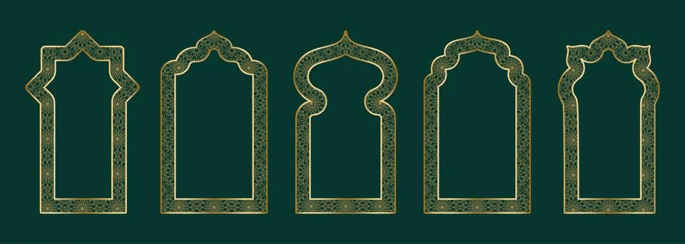 Gold arch frame shape Islamic door or window with geometric girikh pattern Stock Illustration