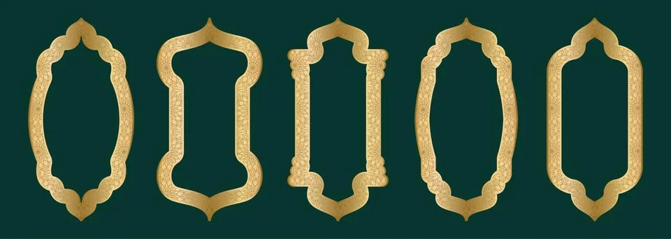 Gold arch frame shape Islamic door or window with geometric girikh pattern Stock Illustration