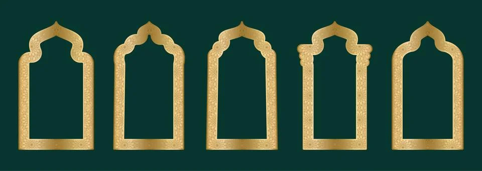 Gold arch frame shape Islamic door or window with geometric girikh pattern Stock Illustration