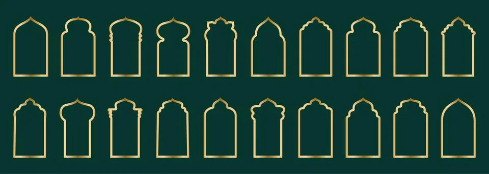Gold arch frame shape Islamic door or window with geometric girikh pattern Stock Illustration