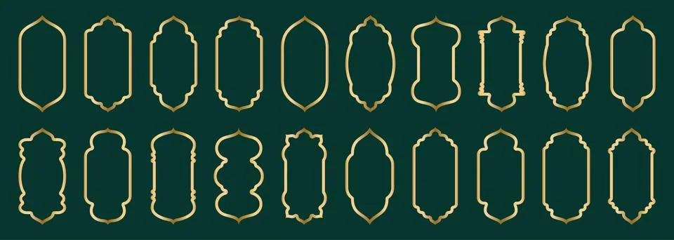 Gold arch frame shape Islamic door or window with geometric girikh pattern Stock Illustration