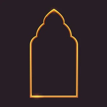 Gold arch thin line border, arab door window minimal frame on dark background Illustrazione stock