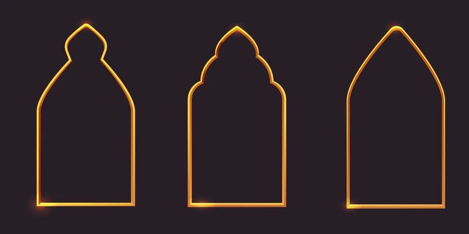Gold arch thin line border, arab door window minimal frame on dark background Ilustración de archivo