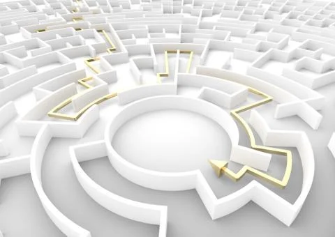 Gold arrow going through maze showing a solution. Business strategy concepts. 스톡 일러스트