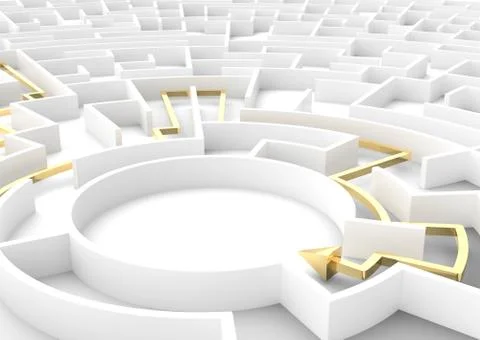 Gold arrow going through maze showing a solution. Business strategy concepts. Stock Illustration