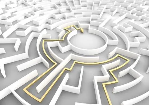 Gold arrow going through maze showing a solution. Business strategy concepts. 스톡 일러스트