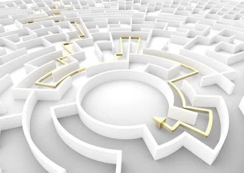 Gold arrow going through maze showing a solution. Business strategy concepts. Illustration