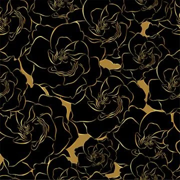 Gold Art deco seamless pattern. Lined gardenia Metallic outline gardenia in Stock Illustration