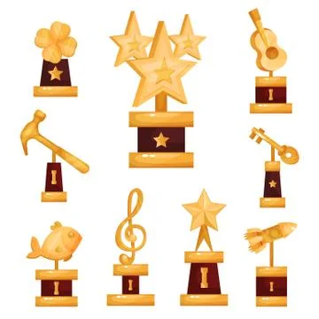 Gold awards statues set, collection of golden trophies and prizes vector Stock Illustration
