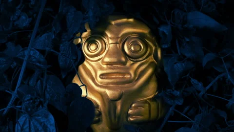 Gold Aztec FIgure Found In The Jungle At Night Stock Footage