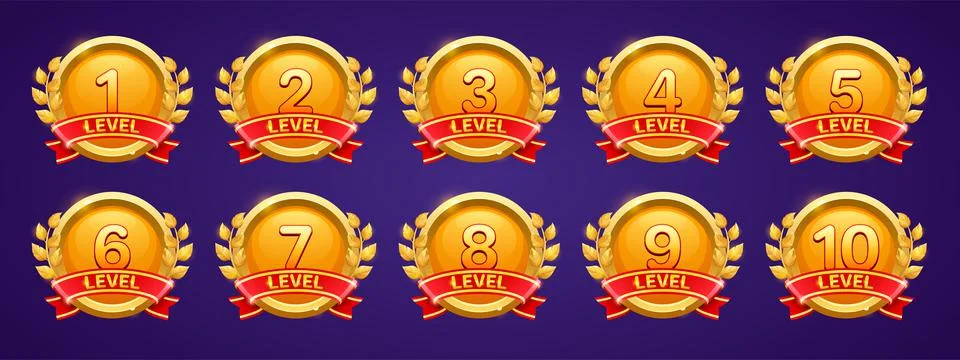 Gold badges with level number for game ui design Stock Illustration