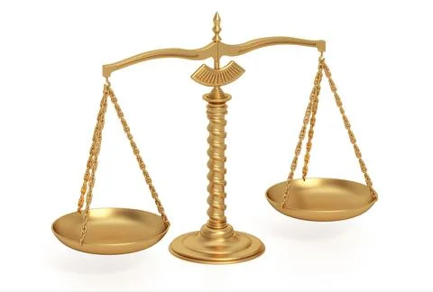 Gold balanced scale isolated on white background. 3D illustration Stock Illustration