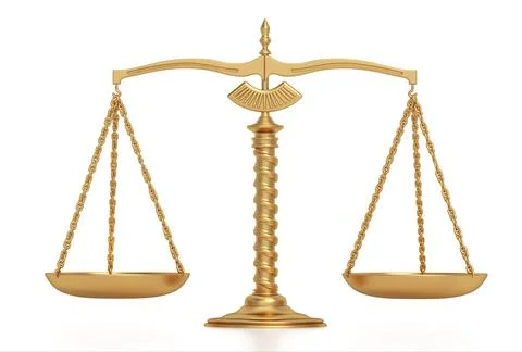 Gold balanced scale isolated on white background. 3D illustration Stock Illustration