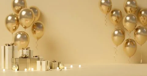 Gold Balloons and Gift Boxes, Luxurious Celebration 3D Render Illustrazione stock
