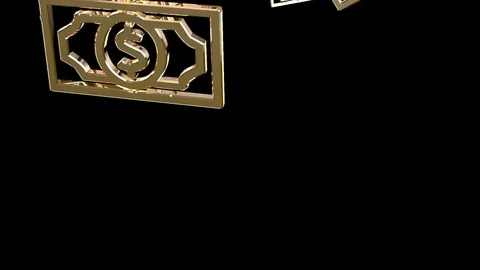 Gold banknotes of the dollar falling on black. Beautiful Looped animation. Alpha Stock Footage 80380200