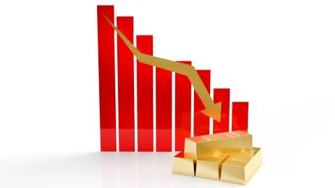 Gold bar and chart arrow down for gold price content 3d rendering Illustrazione stock