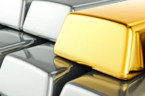 Gold bar and silver or platinum ingots, 3D rendering Stock Illustration