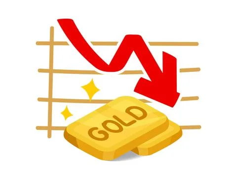 Gold bar on graph and arrow down, fall, chart gold with increase and decrea.. Stock Illustration
