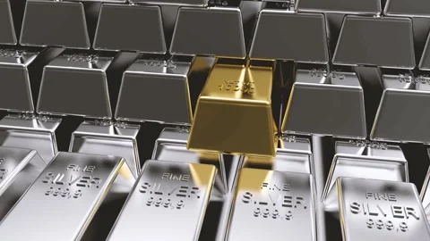 A gold bar moves along a stack of silver bars, 3D rendering Stock-Footage 337061773