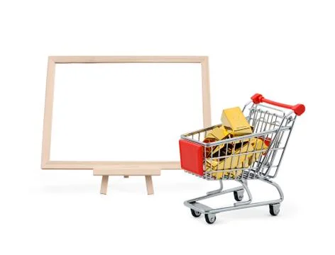 Gold bar in shopping cart with blank board Stock Illustration