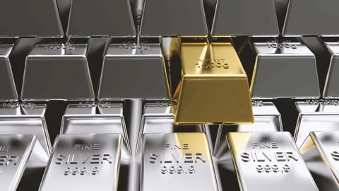 A gold bar slides across a stack of silver bars in a 3D render. Stock Footage 338227067