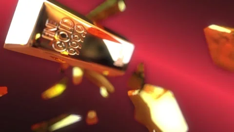 Gold bar smashed a bitcoin, breaking it and turning it into shreds. Stock Footage 171649465