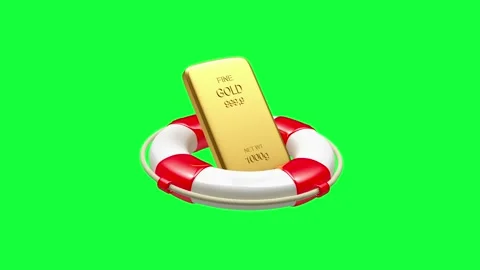 Gold bar spinning inside life preserver on green screen, 3D animation. 库存影片 335596663