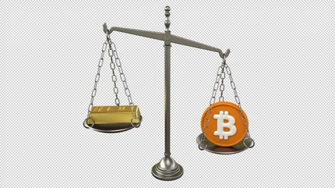 Gold bar vs bitcoin balance scale – 3d render looped with alpha channel. 库存影片 340053458