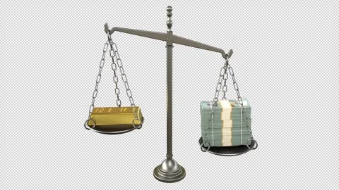 Gold bar vs dollar stacks balance scale – 3d render looped with alpha channel. Vídeo Stock 339857040