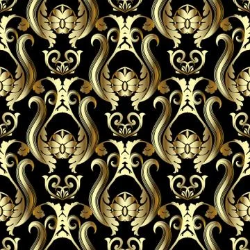 Gold Baroque 3d seamless pattern. Vector ornate floral background with vintag Illustrazione stock