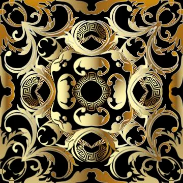Gold Baroque 3d vector seamless pattern. Damask ornamental greek style floral Stock Illustration