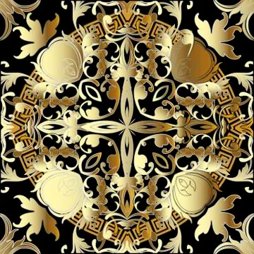 Gold Baroque 3d vector seamless pattern. Damask ornamental greek style floral イラスト素材