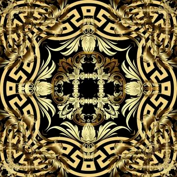 Gold Baroque 3d vector seamless pattern. Greek key meanders ornament. Floral 스톡 일러스트