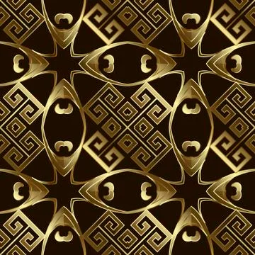 Gold Baroque 3d vector seamless pattern. Greek key meanders ornament. Floral 스톡 일러스트