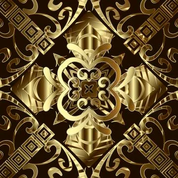 Gold Baroque 3d vector seamless pattern. Greek key meanders ornament. Floral イラスト素材