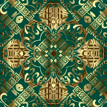 Gold Baroque 3d vector seamless pattern. Greek key meanders ornament. Floral Stockillustratie