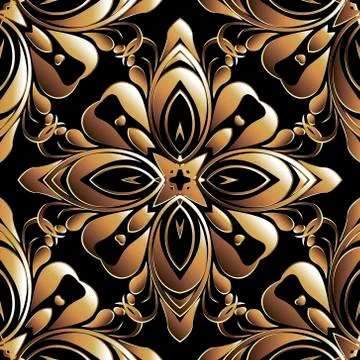 Gold Baroque 3d vector seamless pattern. Old style floral Damask background.  イラスト素材