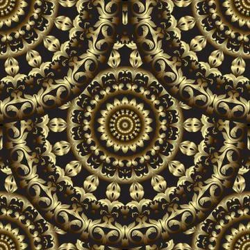 Gold Baroque Deco seamless pattern. Vintage 3d flowers, leaves. Decorative ve Stock Illustration