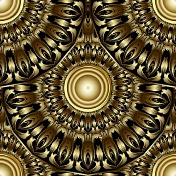 Gold Baroque Deco seamless pattern. Vintage 3d flowers, leaves, buttons. Deco Stock Illustration