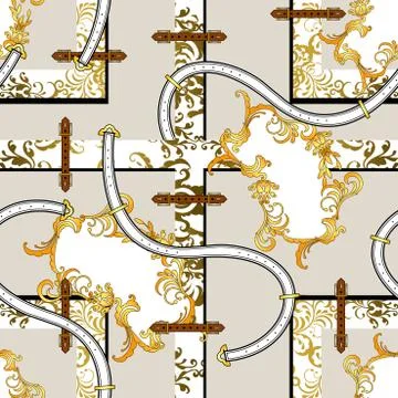 Gold baroque pattern with floral pattern, belts. Seamless paisley background. Stock Illustration